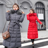 2024 Winter Tie Long Padded Clothes Korean Version Over The Knee Thick Warm Hooded Solid Color Big Wool Collar Down Cotton Suit-Outfit