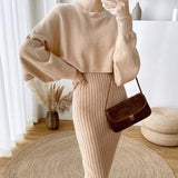 2022 New Fall/Winter Bat Sleeve O-Neck Soft Sweater + Women's Knitted Vest Long Dress Two-Piece Dress
