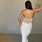 Fongt 2024 Spring / Summer Women's Temperament Sexy Back Hollow Out Lace Knit Sling Wrapped Hip