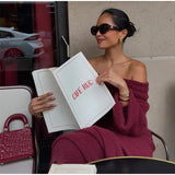Burgundy Off Shoulder Fold Knit Midi Dress-Outfit
