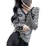 Striped Spring Autumn Long Sleeve Pullovers All-match Elegant V-Neck Female Clothing 2023 Button Patchwork Slim T-shirt-Outfit