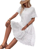 Fongt Fashion New Wish Hot Sale Solid Cotton Embroidery Lace Hollow Dress