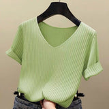 Short Sleeve Blouse Women Tops 2021 Solid Korea Summer Shirt Thin V-neck Knit Female Tee Shirt Dames Gebreid Shirt