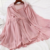 3 Piece Set Women Single Breasted Long Sleeve Shirts+Lace Up Stretch Waist Wide Leg Shorts+Pleated