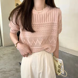 Fongt Version Of Chic Summer Sweet Round Collar Hooded T-Shirt Design Hollow Flowers Thin Knitted Shirt