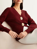 Fongt Women's V-Neck Button Knitted Knitted Sweater