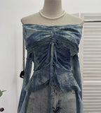 Small-Sized Old-Fashioned Green Shoulder Horn Sleeve Blouse Dye Net Yarn Lace Draw Rope Short T-Shirt