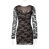 Black Lace Layered Long Sleeve Mini Dress-Outfit