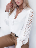V-neck Long Lace Sleeve White Blouse Women Autumn 2023 Hollow Out Stitching Elegant Tops Vintage Lady Shirt Blusas