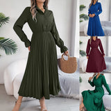 Shooting 2025 Autumn And Winter Leisure Collar Button Long Sleeves To Close The Waist 100 Folded Long Skirt Women's