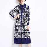 Fongt Light Luxury Feudist Temperament Long-Sleeved Clapping Waist Thin Single Buckle A Word Positioning Print Dress