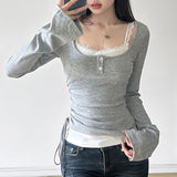 Solid Color Patchwork Stitching Side Long Sleeve Tee-Outfit