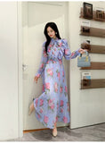 Fongt 2025 New Long-Sleeved Heavyweight Bow Long Print Chiffon Sweet Dress Seaside Holiday
