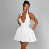 Deep V-Halter Backless A-line Mini Dress-Outfit