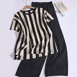 Fongt Temperament Famous Knitted Fashion Suit Round Collar Vertical Fork Short Sleeve Top + High-Waisted Solid Trousers
