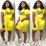 Summer Tracksuit Set Pink Letter Print Top + Biker Shorts Suits Bodycon Casual Two Piece Set Sport Outfits