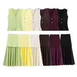 Fongt Women's ZA New Multi-Color Button Knitted Vest Vest Half-Skirt Set