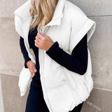Fongt New Women's Solid Color Zipper Pocket Cotton Vest Fashion Collar Temperament Commuting Jacket