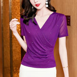 Mesh Tshirt Women Summer Short Sleeve Crossed V Neck T Shirts Lady Elegant High Stretchy Tops Tees For Female-Outfit