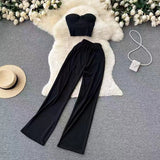 Fongt Strapless Short Top High Waist Casual Loose Wide Leg Pants-Outfit