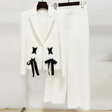 Fongt Early Spring Series New Star Fashion Ribbon Strap Blazer Broad Leg Trousers Set