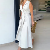 Fongt 2024 New V-Neck Sleeveless Solid Color Lapel Pleated Long Temperament Dress Female-Outfit