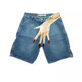 New Hip-Hop Funny One-Hand Pattern Printed Denim Shorts Men's High Street Fashion And Leisure-Outfit