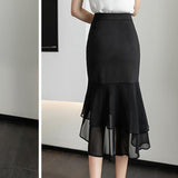 Fashion Ruffles Chiffon Voile Splicing Mermaid Skirt 2023 Elegant Office Lady Asymmetrical All-match Shirring Midi Skirts-Outfit