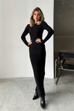 Fongt Autumn And Winter Sweater Dress Lady Knit Round Collar Pit Solid Color Tight Dress Woman