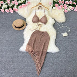 Fongt Ins Vacation Style Suit Female Design Sense Bikini Hanging Neck Vest Versatile Tassel Skirt Knit Two Sets-Outfit