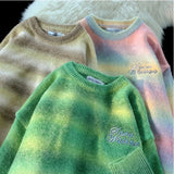 Girls Gradient Rainbow Striped Sweater Women O-neck Oversized Pullover Winter Y2K Tops Kawaii Clothes Harajuku