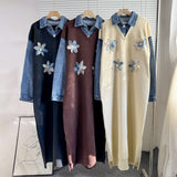 Fongt 2025 New Cowboy Splicing Knitted Two-Piece Collar Dress Flower Nails Decorated Long Dress Woman