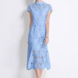 Fongt High-End Heavy Industry Hollow Water-Soluble Lace Collar Dress Female Summer Temperament Elegant Fishtail Dress Dress