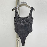 Denim Playsuits For Women Square Collar Sleeveless High Waist Patchwork Solid Minimalist Playsuit Female Summer