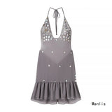 Fongt Summer New Sexy Hanging Neck Bare Back Lotus Leaf Side Dress Dress