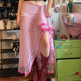 Pink Lace Slit Maxi Skirt-Outfit