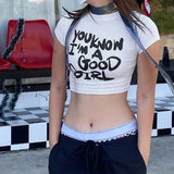 Leisure Early Summer New Round Collar Cover Ultra-Short Letter Printing Simple Slim Short-Sleeved T-Shirt Woman-Outfit