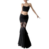 Fongt Summer New Women's Dark Wind Temperament Lace Stitching Perspective Large Swing Skirt-Outfit