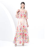 Fongt Spring New Holiday Style Printed Lotus Leaf Dress Women's Shoulder To Show Thin Spuny Chiffon Skirt