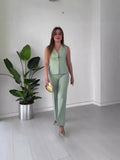 Fongt Women's Temperament Elegant Solid Color V-Neck Sleeveless Vest High-Rise Broad Leg Trousers Set