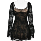Long Sleeve Lace Square Neck Mini Dress-Outfit