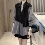 Streetwear Striped Casual Patchwork Blouse Women's Clothing Button Loose All-match Spring Autumn Turn-down Collar Shirt-Outfit