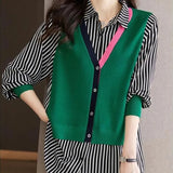 Loose Turn-down Collar Striped Blouse Women's Clothing Fake Two Pieces Spring Autumn Patchwork Single-breasted Shirt-Outfit