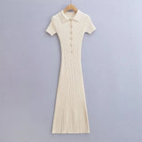 Fashion Women's Wear Pure Style Lapel Short-Sleeved Fishtail Dress Skirt Waist Slim Hip Knit Long Skirt-Outfit