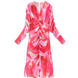 Fongt Women's Explosive Folded Print Long-Sleeved Dress With Thin Fashion Temperament