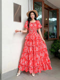 Fongt Floral And Haffin Dress Women's New Summer Bubble Short Sleeves To Close The Waist Thin Holiday High-End Cake Dress