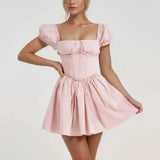 Pink Short Puff Sleeve Corset Style Mini Dress-Outfit