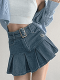 Buckle Belt Pleated Denim Mini Skirt-Outfit