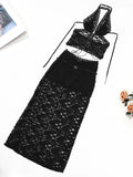 Plunge Neck Halter Low Waist Lace Two Piece-Outfit