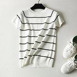 Sleeve Knit Pullover Tops Women Spring Summer Stripe Tshirts Korean White Black Knitwear Jumper Tee New